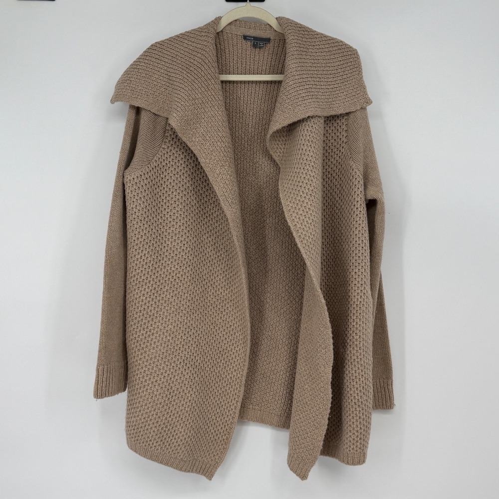 Vince Women Beige Shawl Collar Open Front Knit‎ Cardigan Sweater Size L